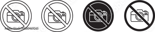 No photography prohibition sign icons with camera crossed out symbol