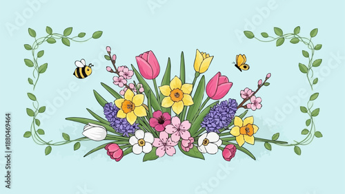 Spring Flower Arrangement with Bees and Greenery.
