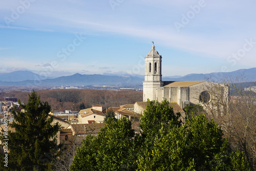 The view of Girona Cathedral opening from Alemanys Garden, Girona, Spain