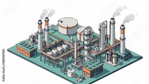 Industrial Factory Complex with Smokestacks and Tanks.