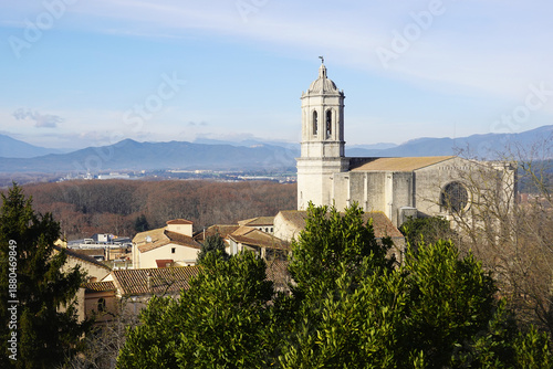 The view of Girona Cathedral opening from Alemanys Garden, Girona, Spain