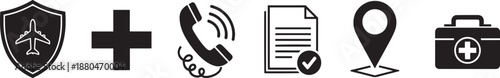 Travel and medical icons set, including shield, cross, phone, and more