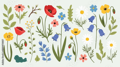 Collection of Wildflowers and Greenery Elements.