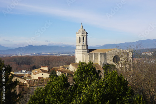 The view of Girona Cathedral opening from Alemanys Garden, Girona, Spain