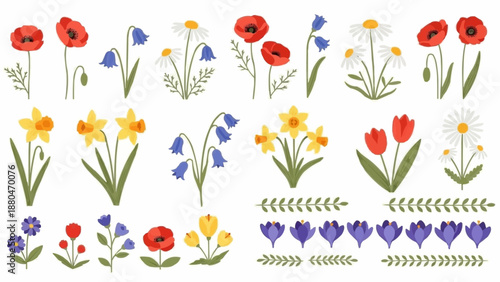 Collection of Spring Flowers and Botanical Elements.