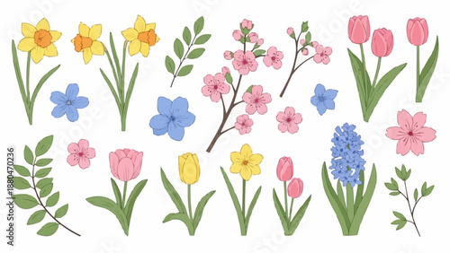 Collection of Spring Flowers and Greenery Elements.