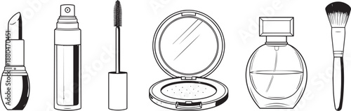 Cosmetic beauty products line art set for makeup design
