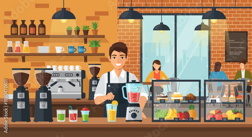 Barista Preparing Fresh Fruit Smoothie at Modern Coffee Shop Counter