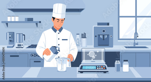 Chef Measuring Ingredients in Modern Kitchen Laboratory