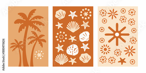orange and white beach themed decorative panels with palm trees seashells and starfish