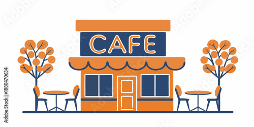 a colorful illustration of a cafe with trees and tables