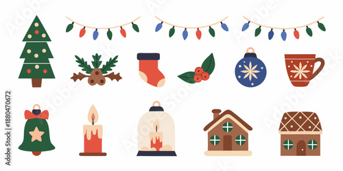 christmas icons including tree stocking and ornaments on white background