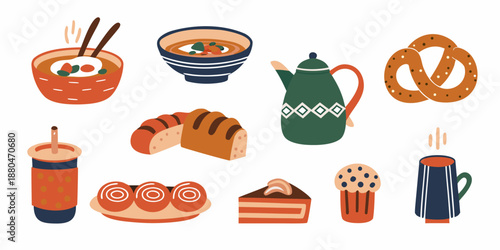 a colorful illustration of various food and drink items on a white background