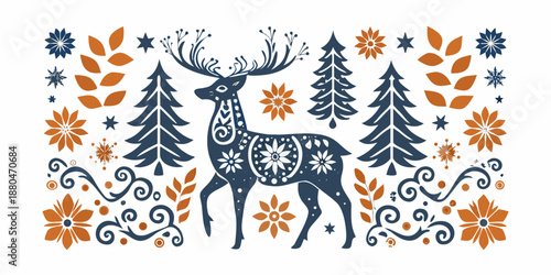 a deer with snowflakes on its body in a forest with trees and flowers