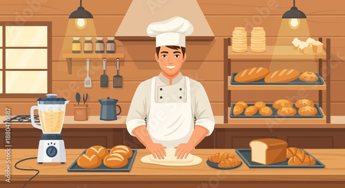Chef Preparing Freshly Baked Bread in a Cozy Bakery