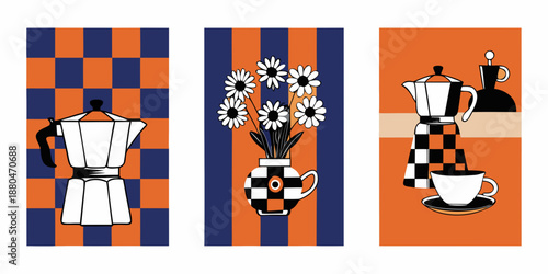 Vintage kitchen items on checkered and striped backgrounds