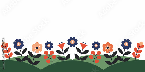 a colorful illustration of flowers and leaves on a green hill