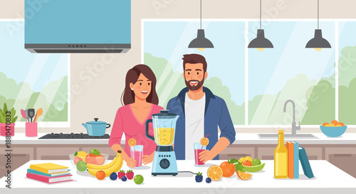 Couple Making Smoothie Together in Modern Kitchen