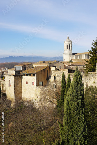 The view of Girona Cathedral opening from Alemanys Garden, Girona, Spain