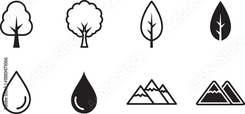 Natural landscape element icon set of tree leaf water drop mountain