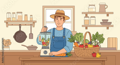 Man in apron making a healthy smoothie in a kitchen