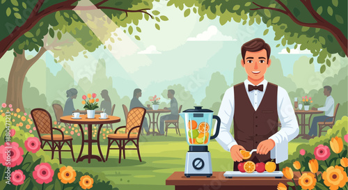 Man preparing fruit smoothie in a serene outdoor setting