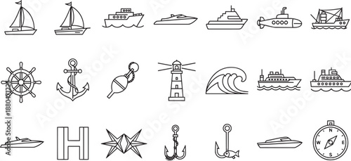 Nautical transport and navigation elements vector icons set