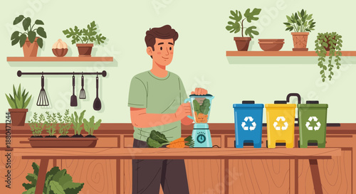 Man preparing healthy green smoothie in a kitchen surrounded by plants