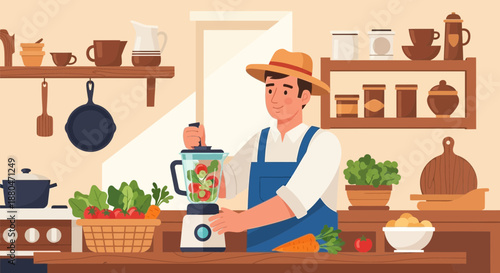 Man preparing healthy meal in a modern kitchen with fresh vegetables