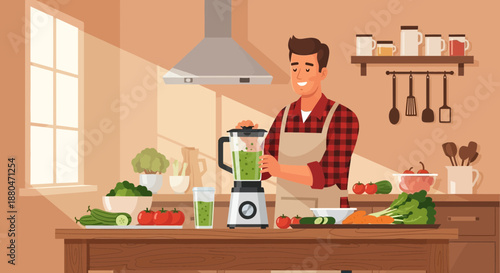 Man Preparing Healthy Smoothie in Modern Kitchen