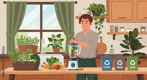 Man Preparing Healthy Meal in Kitchen with Recycling Bins