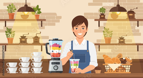 Smiling Barista Preparing Smoothie at Coffee Shop Counter