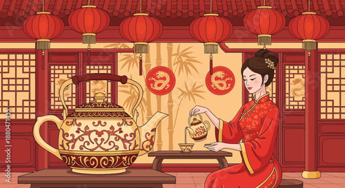 Traditional Chinese Tea Ceremony with Woman in Red Dress