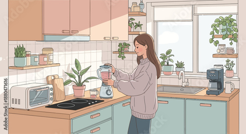 Woman Preparing a Healthy Smoothie in a Modern Kitchen