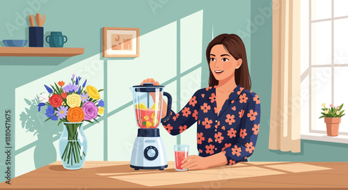 Woman Preparing Fresh Fruit Smoothie at Home Kitchen Counter