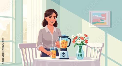 Woman Preparing Fresh Fruit Smoothie at Home
