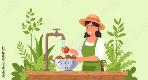 Woman washing fresh strawberries in a kitchen sink surrounded by lush greenery