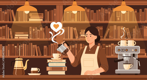 Barista Pouring Steaming Coffee into a Cup at a Cozy Bookstore Cafe