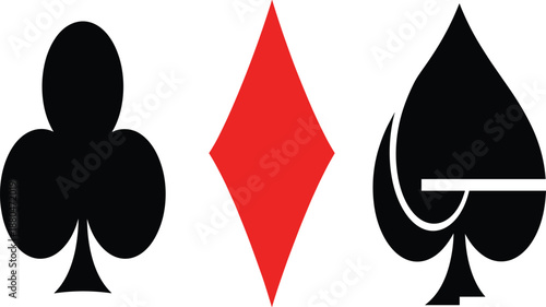 Minimalist Playing Card Suit Icons Featuring Black Clubs Spades and Red Diamond for Gaming and Casino Graphic Design.