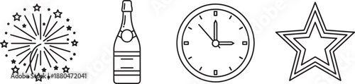 New year celebration items fireworks champagne clock and star