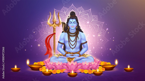 Lord Shiva Meditating on Lotus with Diya Lamps and Mandala Background