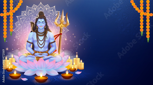 Lord Shiva Meditation Background with Lotus and Diya Lamps