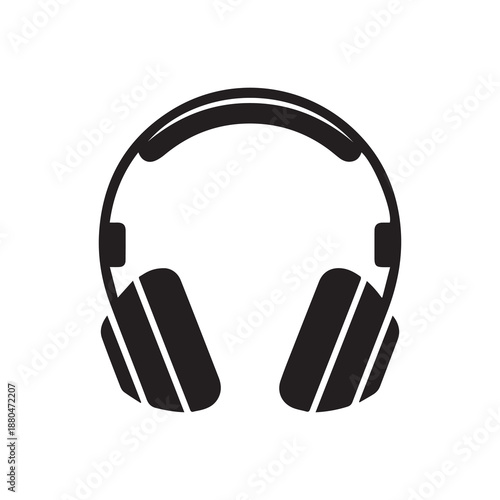 Bold black graphic illustration of modern over ear headphones showcasing a clean minimalist design with smooth curves and defined earcups isolated on a stark white background representing audio music