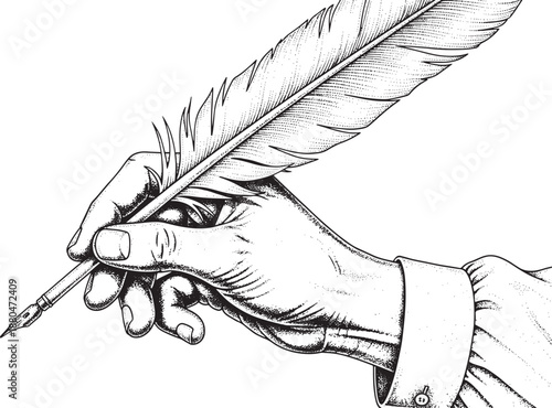 Hand holding a feather pen drawing on transparent background vector art