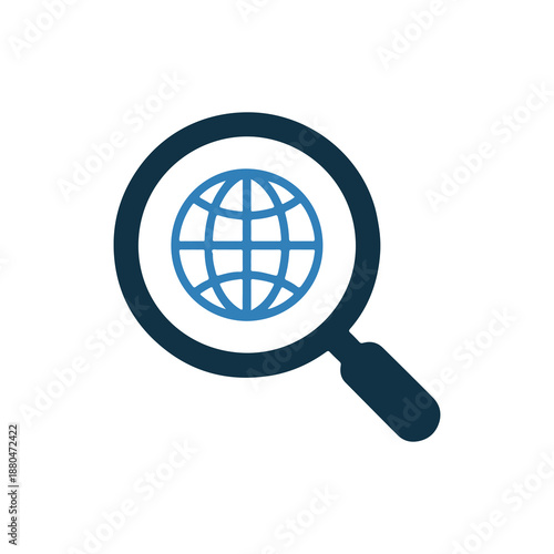 Magnifying glass focusing on a global network symbol in modern flat design style isolated on white background conceptual representation of exploration research and connectivity