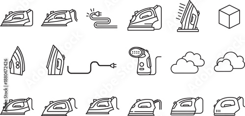 Set of black outline clothes iron icons on transparent background vector