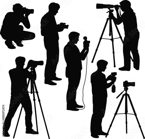 Professional photographer and videographer silhouette set, media press icons for creative digital broadcast design