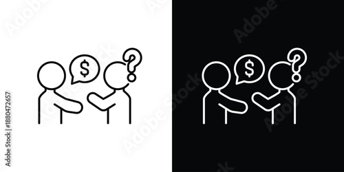 Vector outline icon showing a financial conversation or money negotiation between two individuals, one asking about funds, the other questioning the details