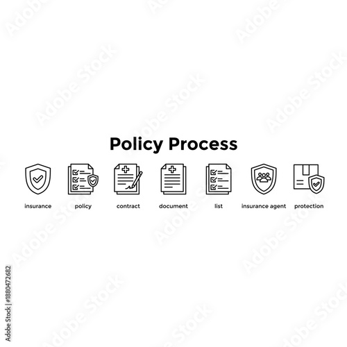 Policy Process Banner Web Icon Vector Illustration Concept For Insurance, Policy, Contract, Document, List, Insurance Agent, Protection