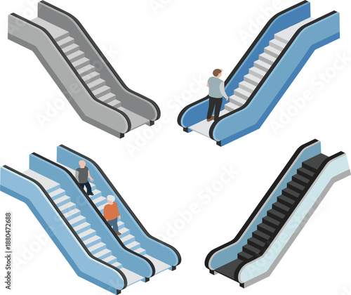 Isometric escalator stairs vector set, moving walkway collection for shopping mall, airport and public building